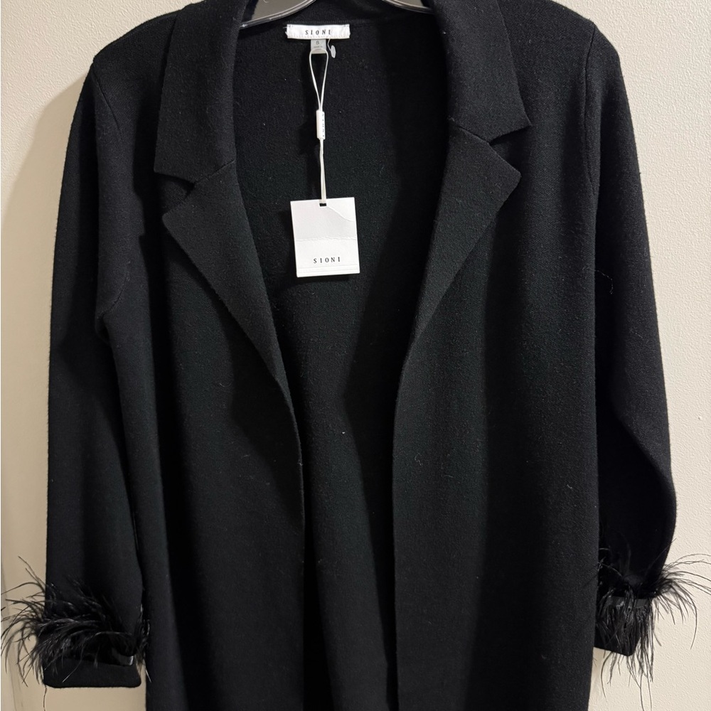 Sioni Black Jacket with Feather Cuffs